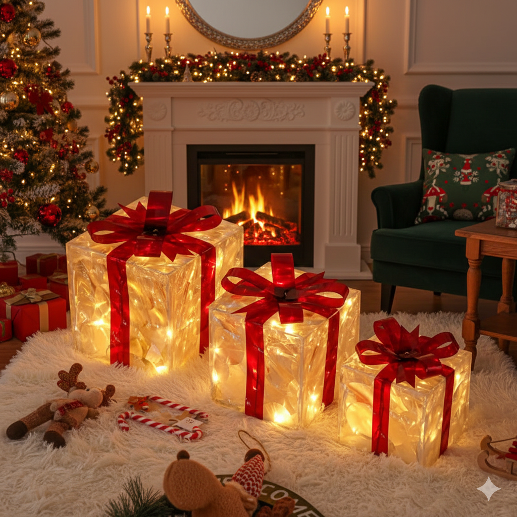 Set of 3 ChristmasLighted Gift Boxes, Transparent Lighted Christmas Box Decrations