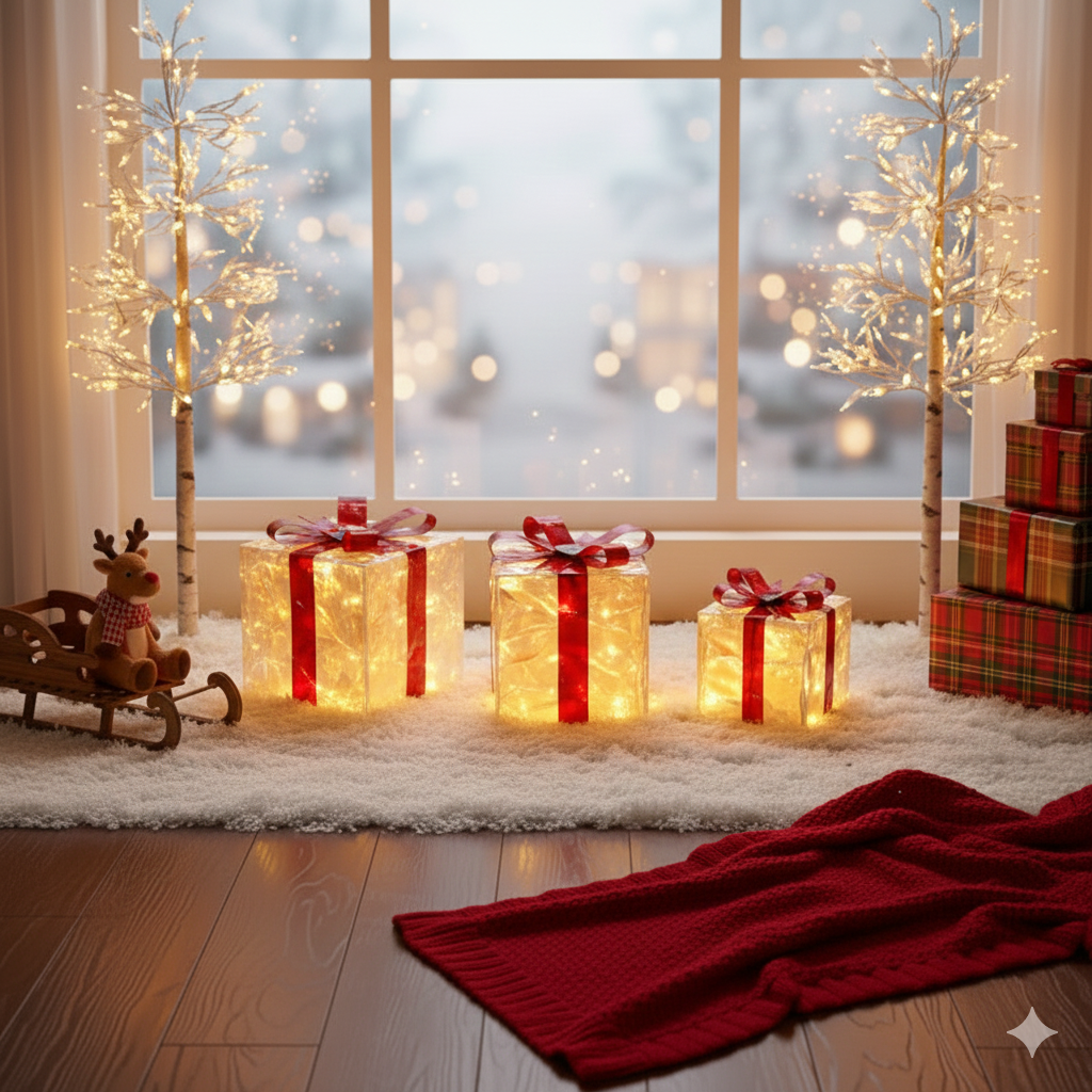 Set of 3 ChristmasLighted Gift Boxes, Transparent Lighted Christmas Box Decrations