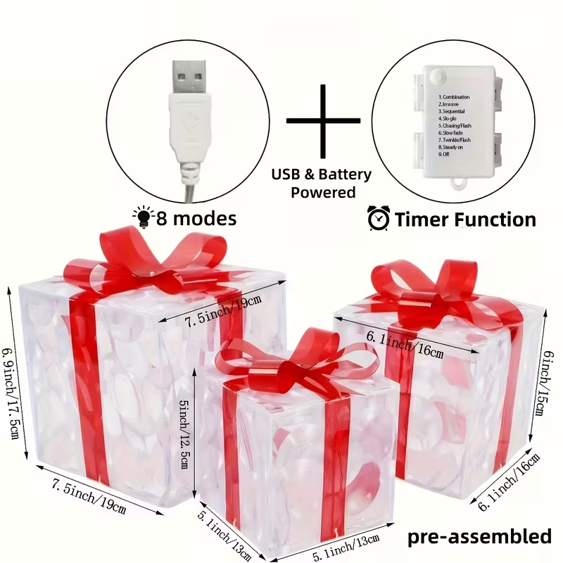 Set of 3 ChristmasLighted Gift Boxes, Transparent Lighted Christmas Box Decrations