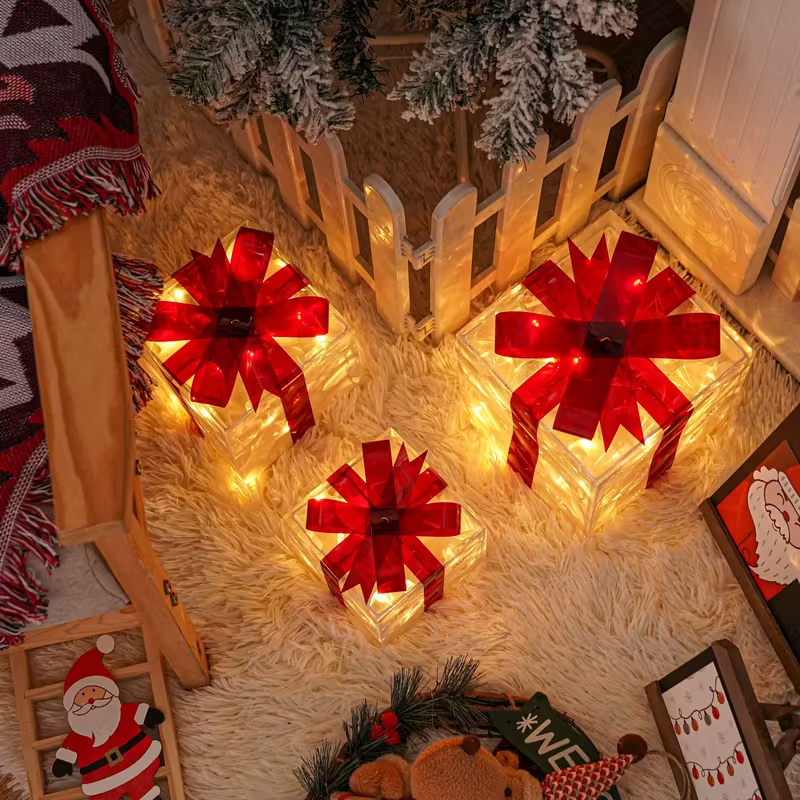 Set of 3 ChristmasLighted Gift Boxes, Transparent Lighted Christmas Box Decrations